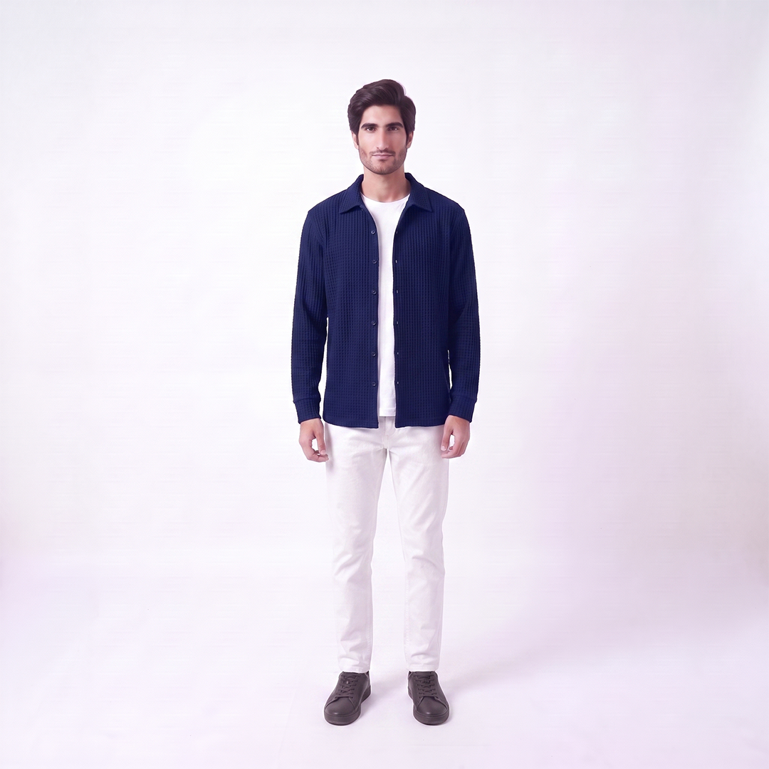 Waffle Knit Button Down Polo Navy (002)