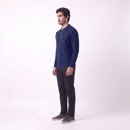 Cable Knit Zip Polo Navy (004)