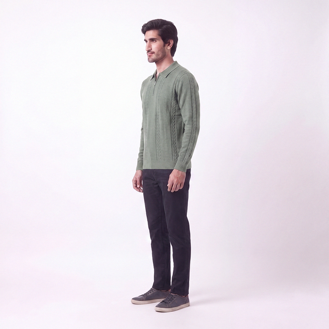 Cable Knit Zip Polo Matcha (004)