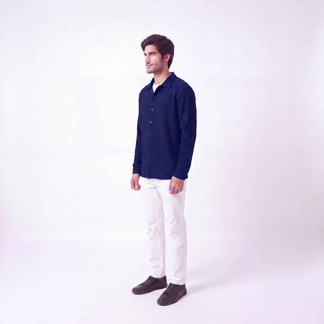 Waffle Knit Button Down Polo Navy (002)