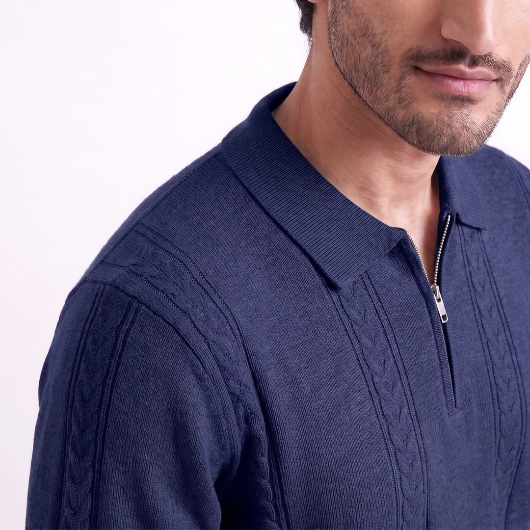 Cable Knit Zip Polo Navy (004)