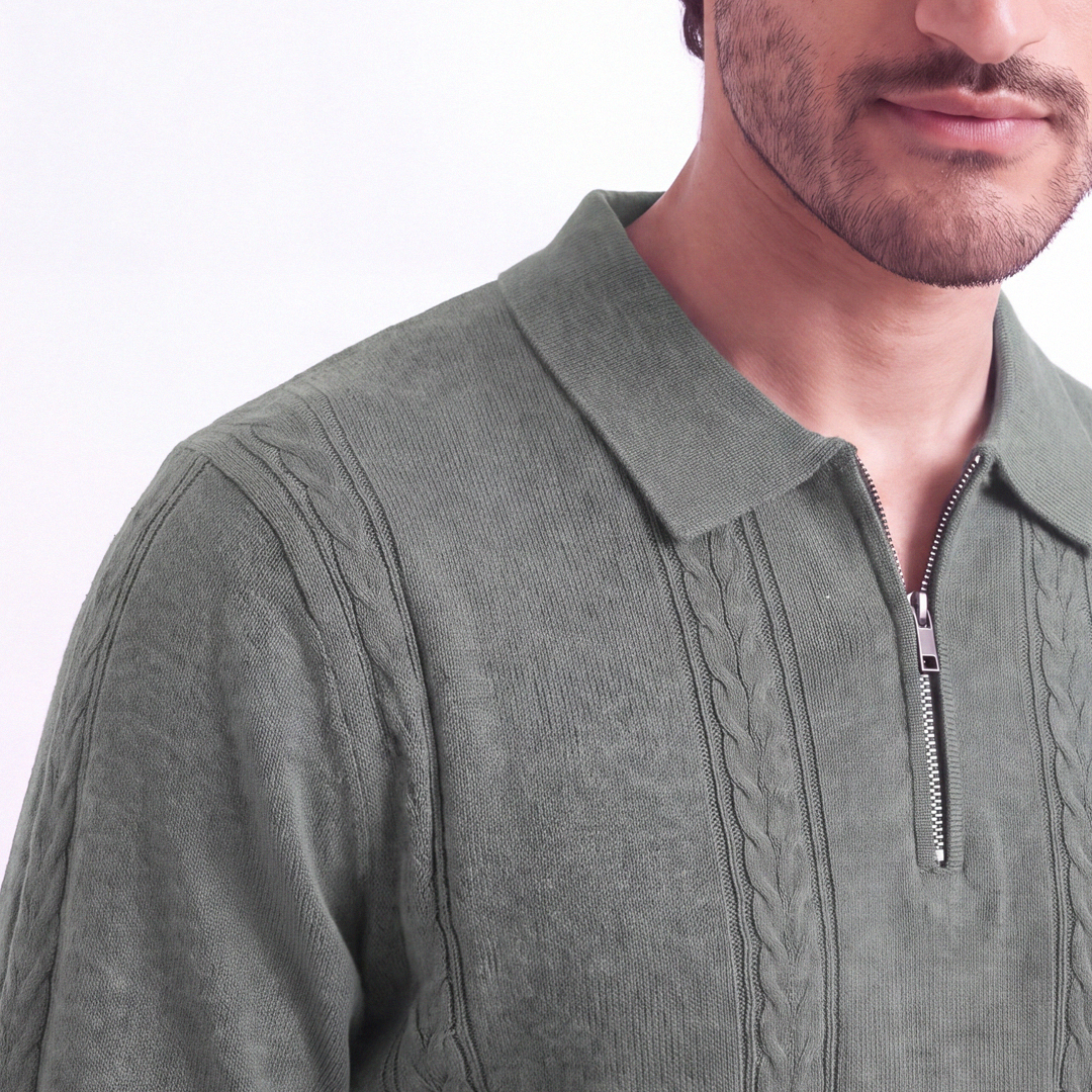 Cable Knit Zip Polo Matcha (004)