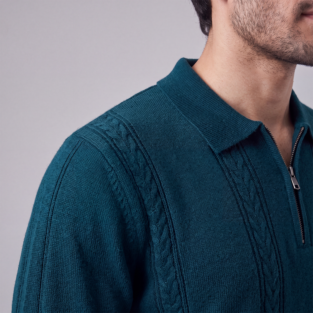 Cable Knit Zip Polo Blue (004)