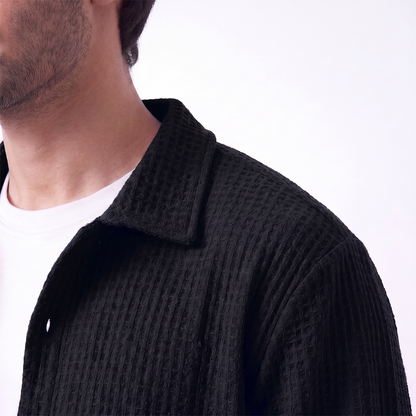 Waffle Knit Button Down Polo Black (002)