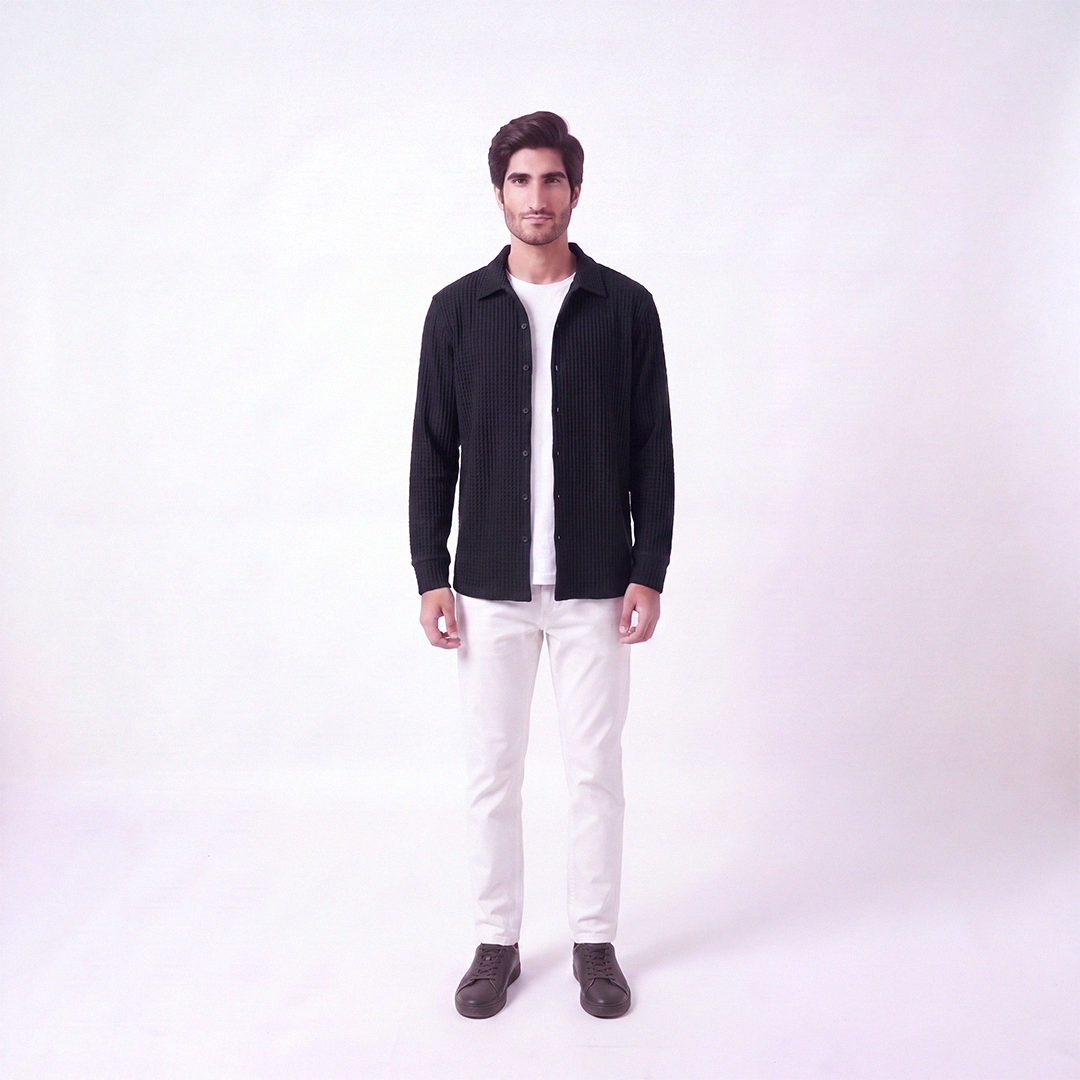 Waffle Knit Button Down Polo Black (002)