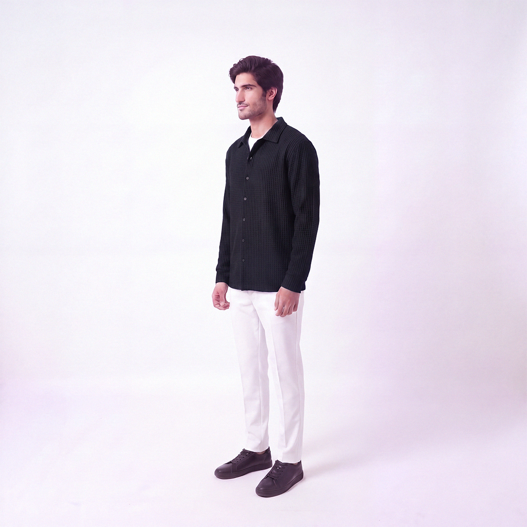 Waffle Knit Button Down Polo Black (002)