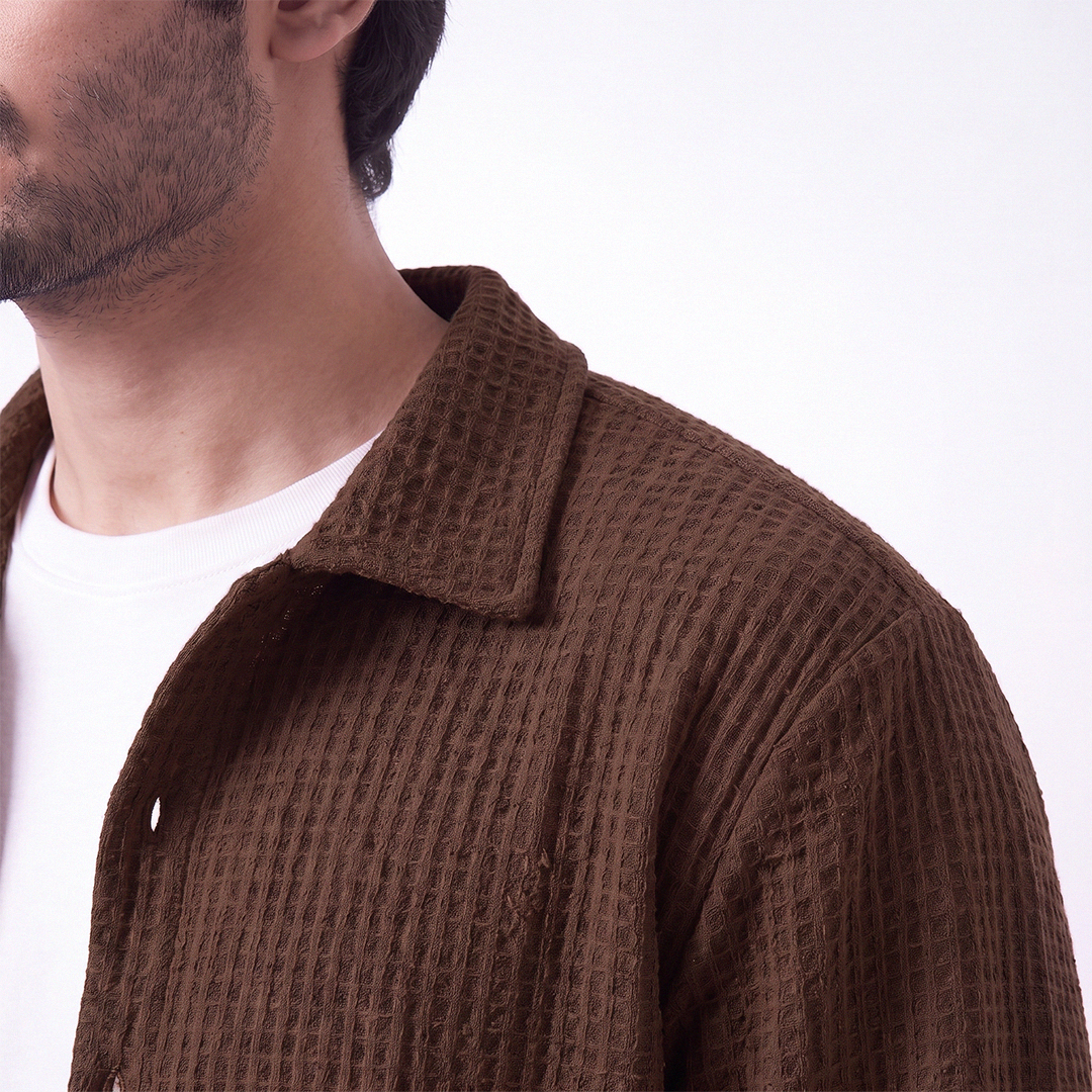 Waffle Knit Button Down Polo Brown (002)