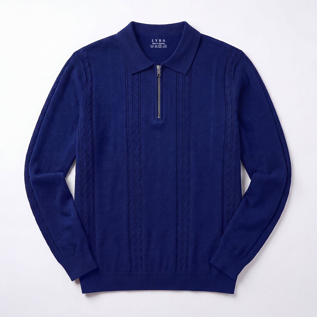 Cable Knit Zip Polo Navy (004)
