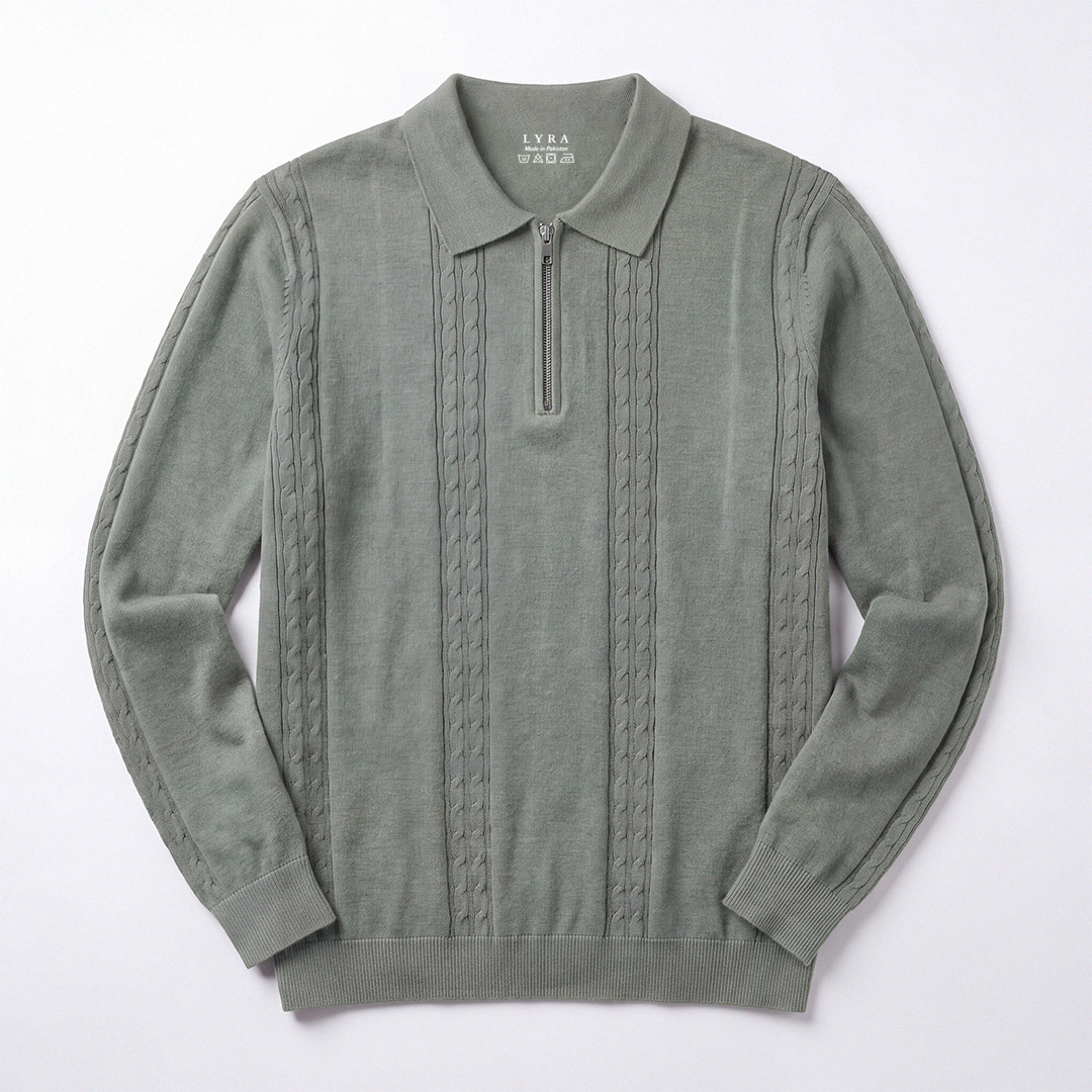 Cable Knit Zip Polo Matcha (004)