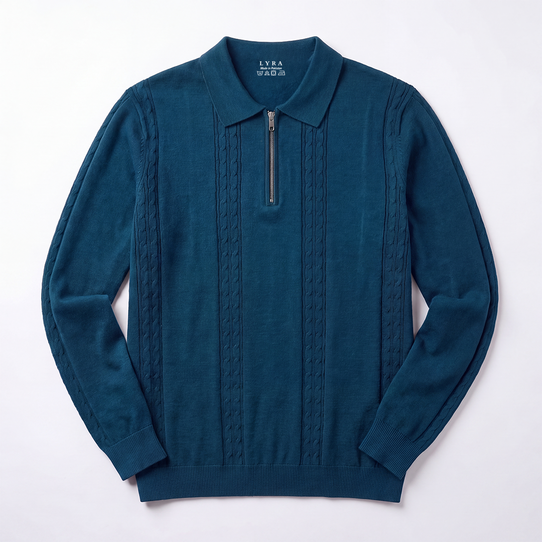Cable Knit Zip Polo Blue (004)