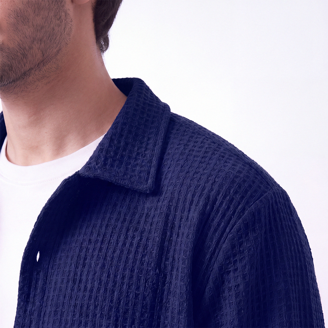 Waffle Knit Button Down Polo Navy (002)