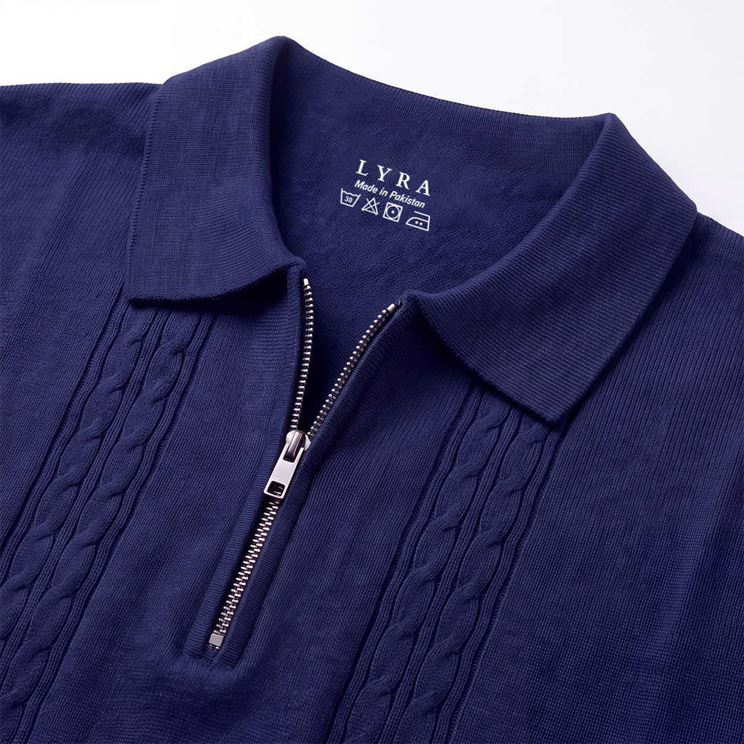Cable Knit Zip Polo Navy (004)