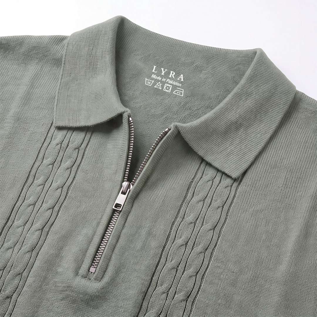 Cable Knit Zip Polo Matcha (004)