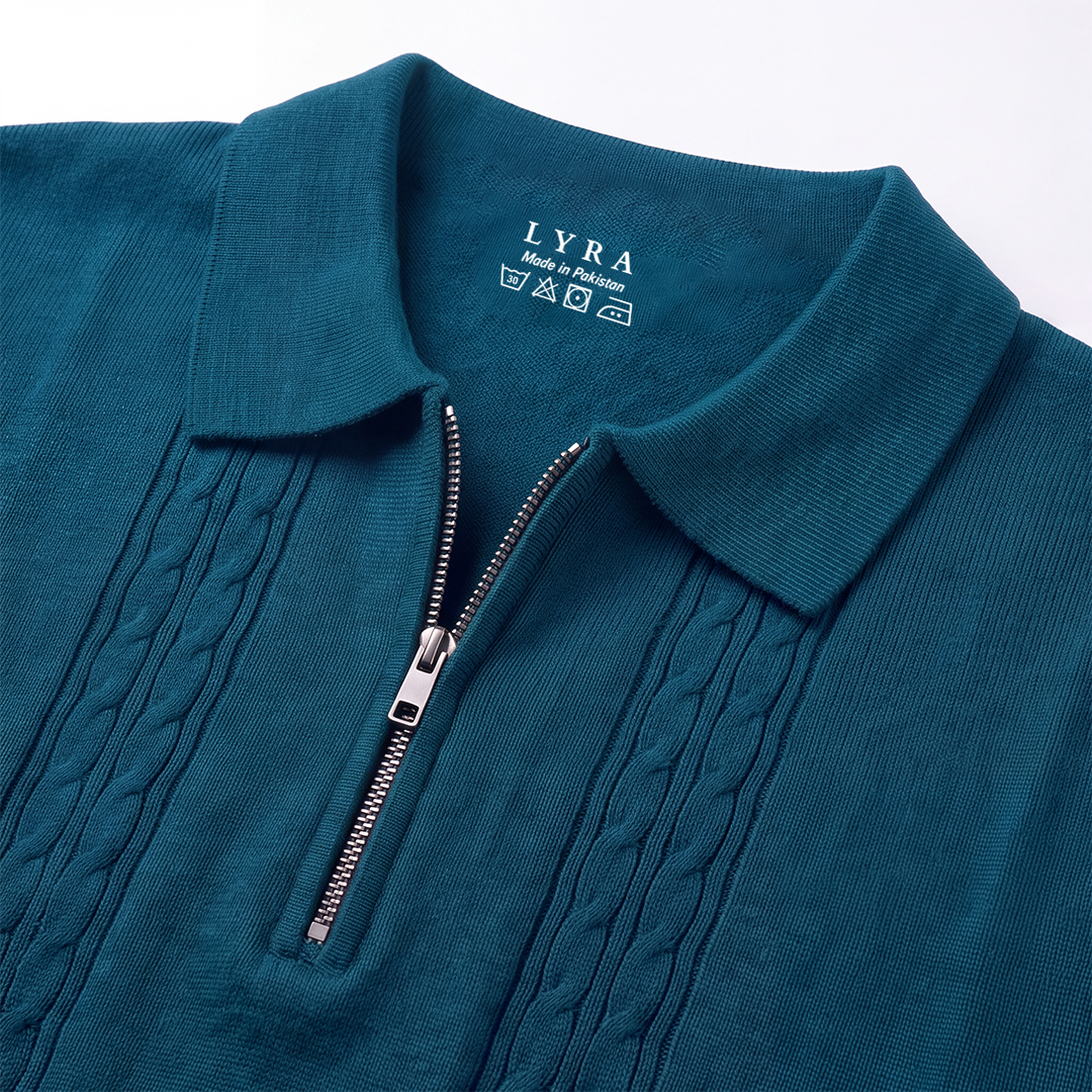 Cable Knit Zip Polo Blue (004)