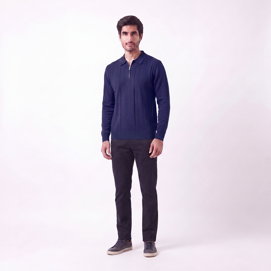 Cable Knit Zip Polo Navy (004)