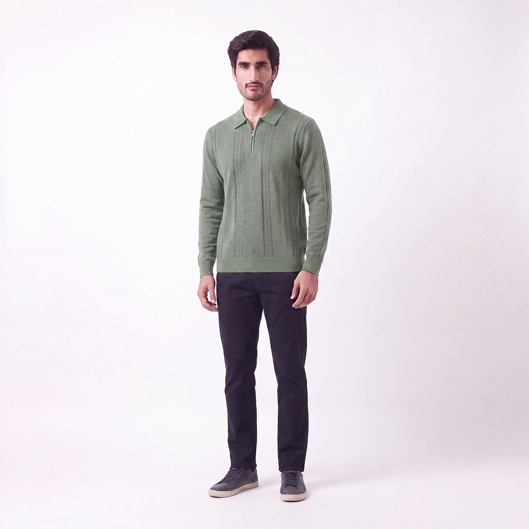 Cable Knit Zip Polo Matcha (004)